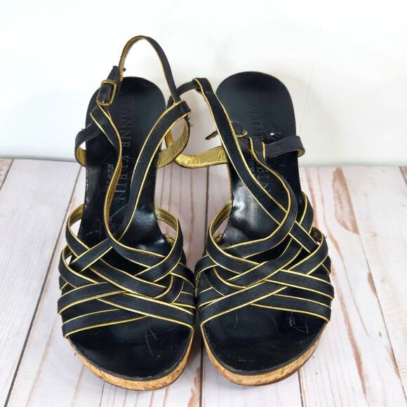 Anne Klein Shoes - Anne Klein Wedge Sandals Gold & Black Straps Size 8.5 Pre-Owned Great Condition